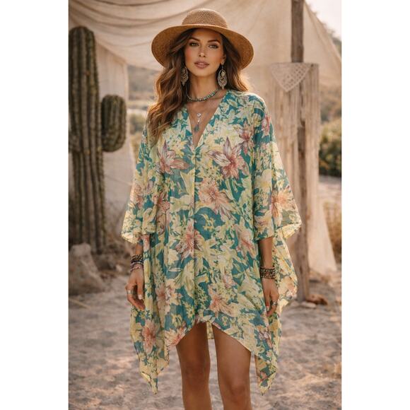 BIG BUDDHA Kimono Poncho Beach Coverup Yellow Floral Pullover One Size Top - Picture 1 of 6